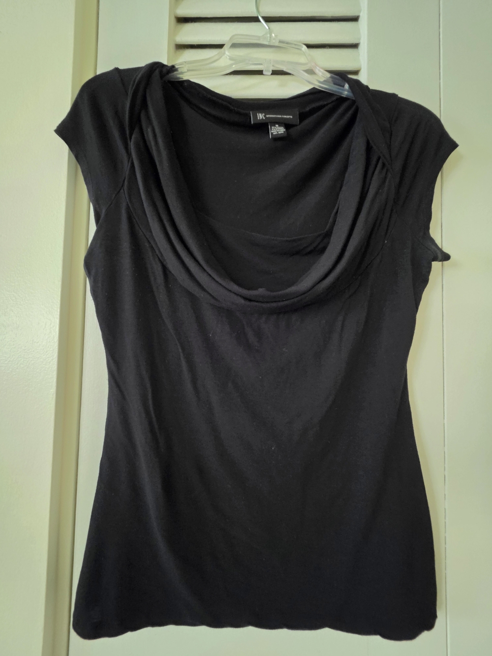 INC International Concepts Black Draped Cowl Neck Cap Sleeve Top